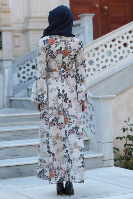 Neva Style - Desenli Volan Kol Ekru Tesettür Elbise 100160E - 2