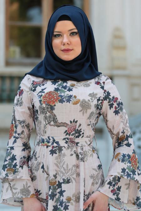 Neva Style - Desenli Volan Kol Ekru Tesettür Elbise 100160E - 3
