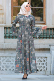 Neva Style - Desenli Volan Kol Haki Tesettür Elbise 100160HK - Thumbnail