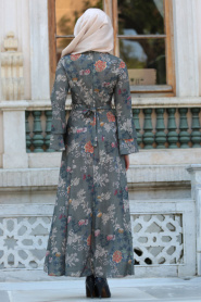 Neva Style - Desenli Volan Kol Haki Tesettür Elbise 100160HK - Thumbnail