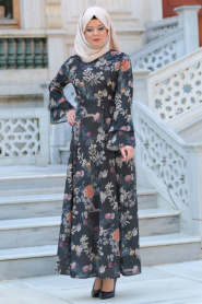 Neva Style - Desenli Volan Kol Siyah Tesettür Elbise 100160S - Thumbnail