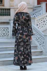 Neva Style - Desenli Volan Kol Siyah Tesettür Elbise 100160S - Thumbnail