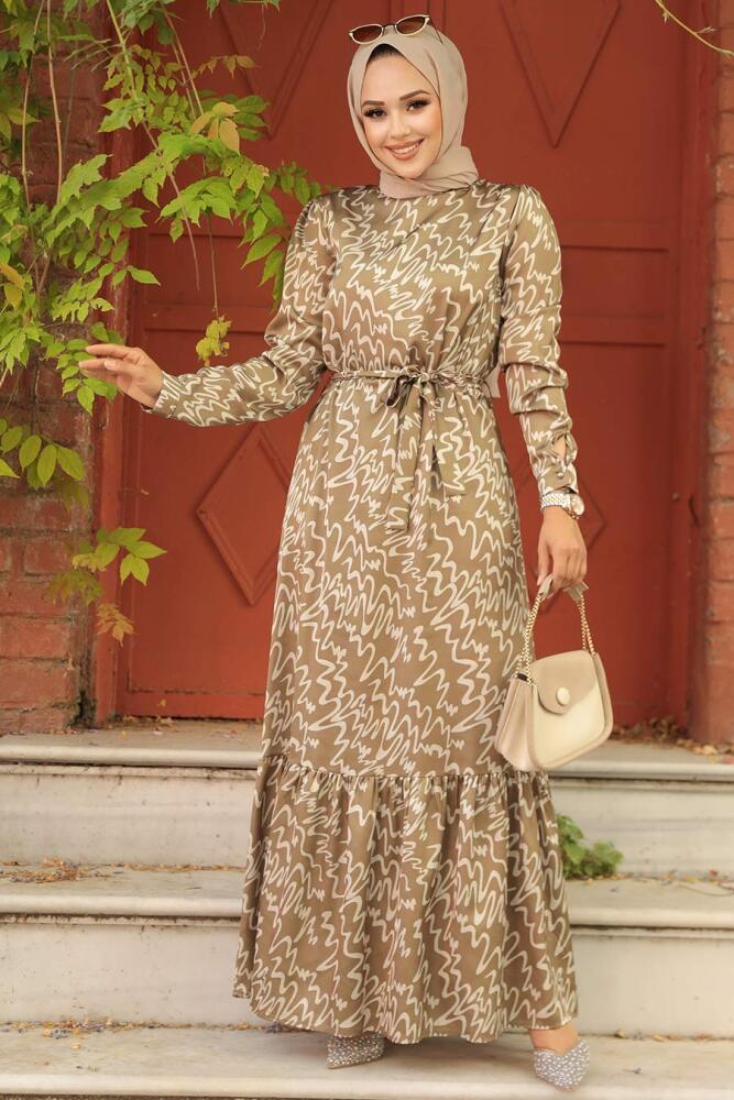 Neva Style - Desenli Yağ Yeşili Tesettür Elbise 3430YY - 1