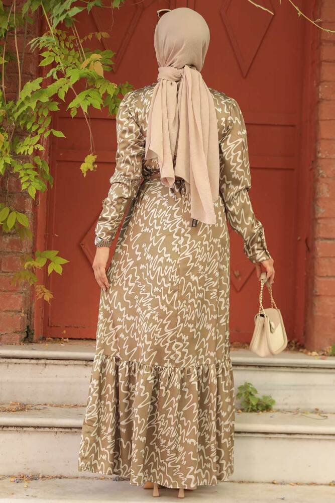 Neva Style - Desenli Yağ Yeşili Tesettür Elbise 3430YY - 3