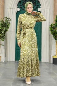 Neva Style - Desenli Yağ Yeşili Tesettür Elbise 3430YY - Thumbnail