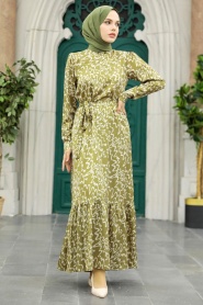 Neva Style - Desenli Yağ Yeşili Tesettür Elbise 3430YY - Thumbnail