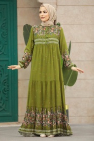 Neva Style - Desenli Yağ Yeşili Tesettür Elbise 50095YY - Thumbnail
