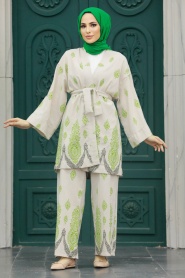 Neva Style - Desenli Yağ Yeşili Tesettür Kimono İkili Takım 3212YY - Thumbnail