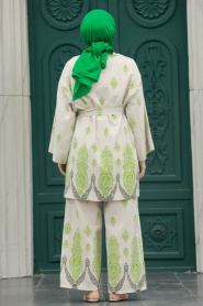 Neva Style - Desenli Yağ Yeşili Tesettür Kimono İkili Takım 3212YY - Thumbnail