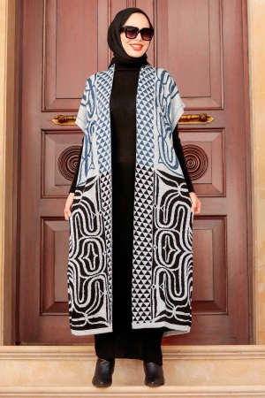 Neva Style - Desenli Yelekli Gri Tesettür Triko İkili Takım 31780GR - 1
