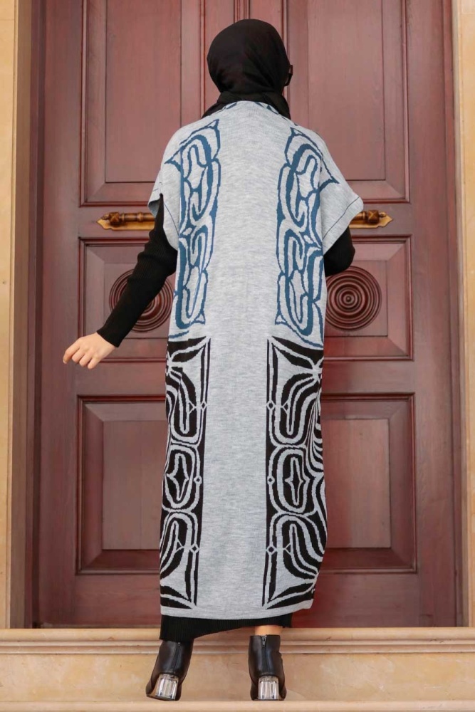 Neva Style - Desenli Yelekli Gri Tesettür Triko İkili Takım 31780GR - 3