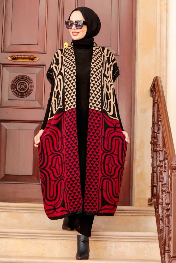 Neva Style - Desenli Yelekli Siyah Tesettür Triko İkili Takım 31780S - 1