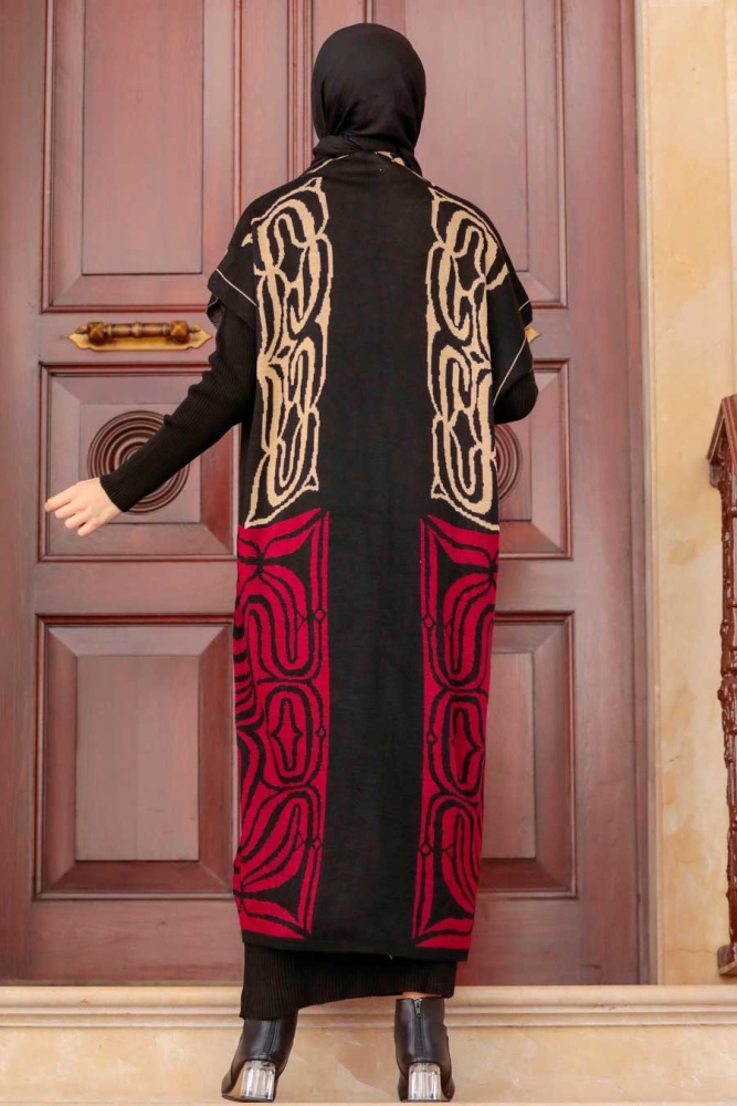 Neva Style - Desenli Yelekli Siyah Tesettür Triko İkili Takım 31780S - 2