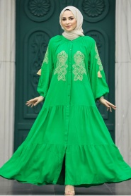 Neva Style - Desenli Yeşil Tesettür Elbise 10186Y - Thumbnail