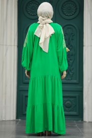 Neva Style - Desenli Yeşil Tesettür Elbise 10186Y - Thumbnail