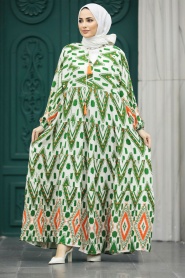 Neva Style - Desenli Yeşil Tesettür Elbise 10193Y - Thumbnail