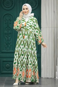 Neva Style - Desenli Yeşil Tesettür Elbise 10193Y - Thumbnail