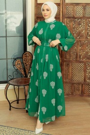 Neva Style - Desenli Yeşil Tesettür Elbise 10437Y - Thumbnail