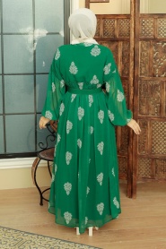 Neva Style - Desenli Yeşil Tesettür Elbise 10437Y - Thumbnail