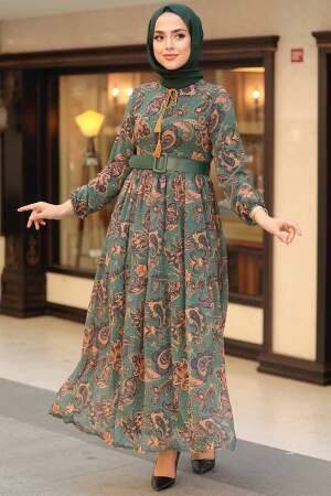 Neva Style - Desenli Yeşil Tesettür Elbise 11740Y - 1