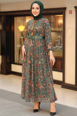 Neva Style - Desenli Yeşil Tesettür Elbise 11740Y - 2