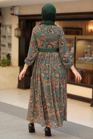 Neva Style - Desenli Yeşil Tesettür Elbise 11740Y - 3