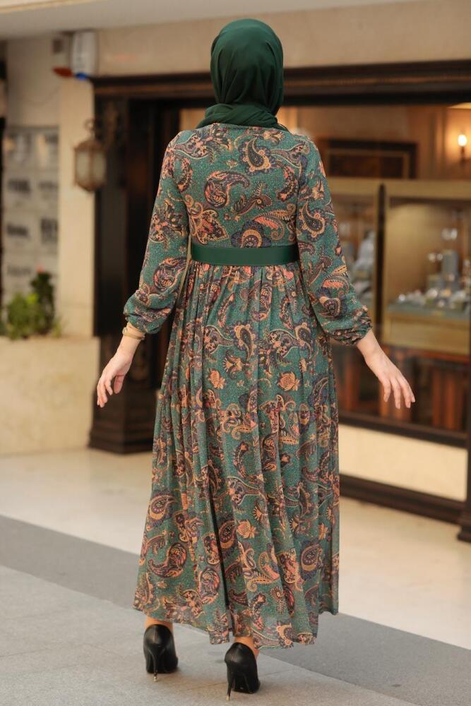 Neva Style - Desenli Yeşil Tesettür Elbise 11740Y - 3