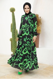 Neva Style - Desenli Yeşil Tesettür Elbise 12437Y - Thumbnail
