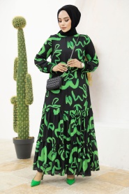 Neva Style - Desenli Yeşil Tesettür Elbise 12437Y - Thumbnail