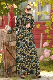 Neva Style - Desenli Yeşil Tesettür Elbise 15491Y - Thumbnail