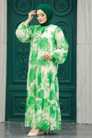 Neva Style - Desenli Yeşil Tesettür Elbise 18601Y - Thumbnail