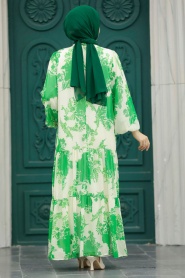 Neva Style - Desenli Yeşil Tesettür Elbise 18601Y - Thumbnail