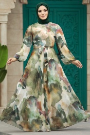 Neva Style - Desenli Yeşil Tesettür Elbise 33095Y - Thumbnail