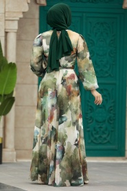 Neva Style - Desenli Yeşil Tesettür Elbise 33095Y - Thumbnail