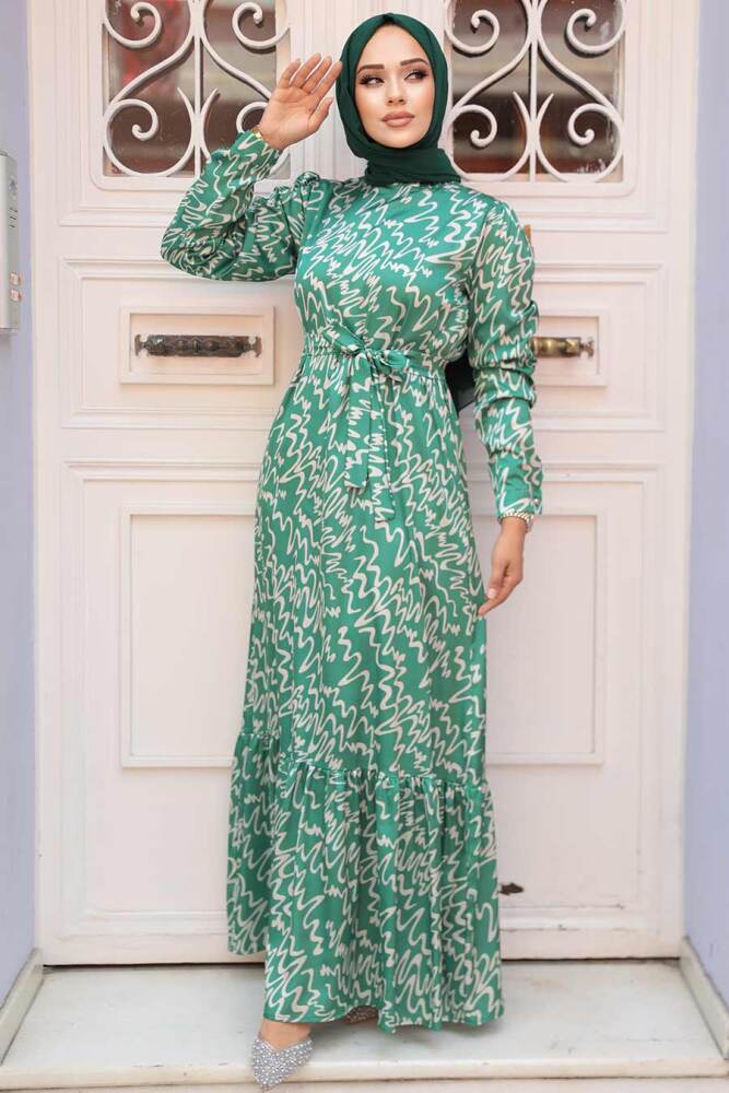 Neva Style - Desenli Yeşil Tesettür Elbise 3430Y - 1