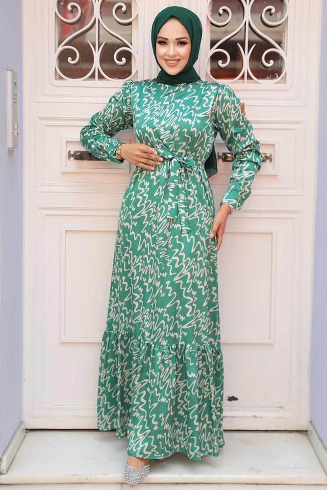 Neva Style - Desenli Yeşil Tesettür Elbise 3430Y - 2