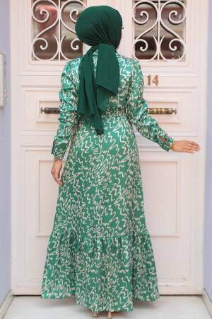 Neva Style - Desenli Yeşil Tesettür Elbise 3430Y - 3