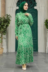 Neva Style - Desenli Yeşil Tesettür Elbise 3430Y - Thumbnail