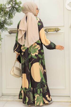 Neva Style - Desenli Yeşil Tesettür Elbise 34610Y - 3