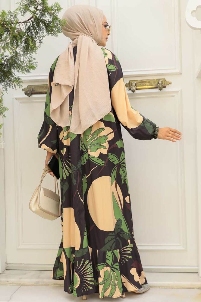 Neva Style - Desenli Yeşil Tesettür Elbise 34610Y - 3