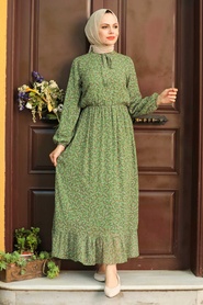 Neva Style - Desenli Yeşil Tesettür Elbise 4339Y - Thumbnail