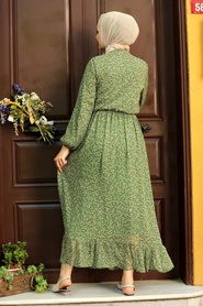 Neva Style - Desenli Yeşil Tesettür Elbise 4339Y - Thumbnail