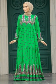 Neva Style - Desenli Yeşil Tesettür Elbise 50092Y - Thumbnail