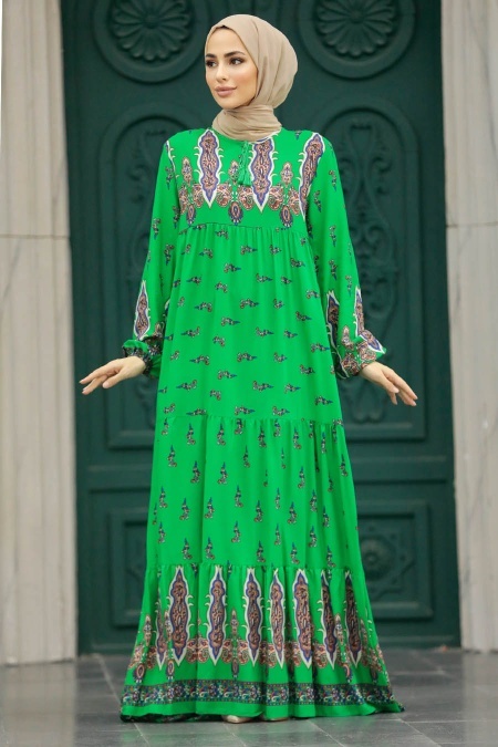 NEVA STYLE - Neva Style - Desenli Yeşil Tesettür Elbise 50092Y