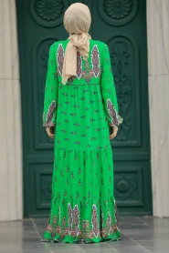 Neva Style - Desenli Yeşil Tesettür Elbise 50092Y - Thumbnail