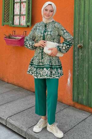  Desenli Yeşil Tesettür İkili Takım 9281Y - 1