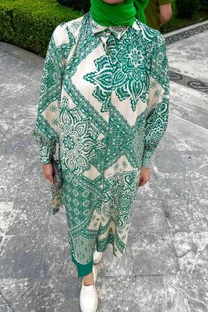  Desenli Yeşil Tesettür İkili Takım 9291Y - 2