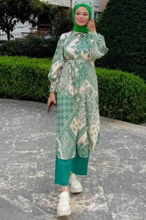  Desenli Yeşil Tesettür İkili Takım 9291Y - 1