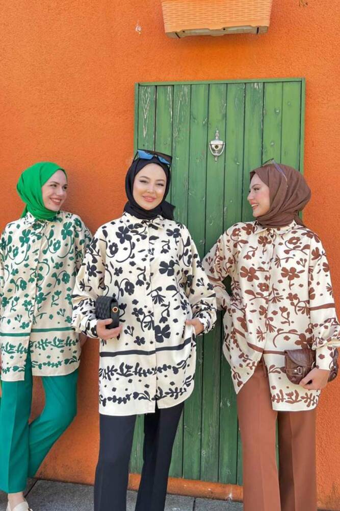 Neva Style - Desenli Yeşil Tesettür İkili Takım 9293Y - 4