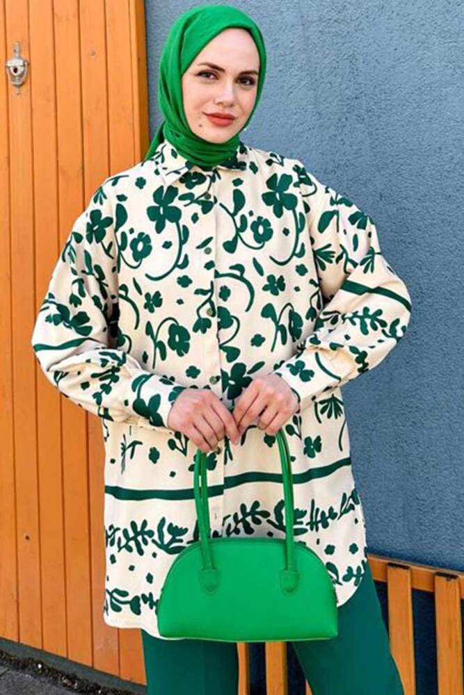 Neva Style - Desenli Yeşil Tesettür İkili Takım 9293Y - 2